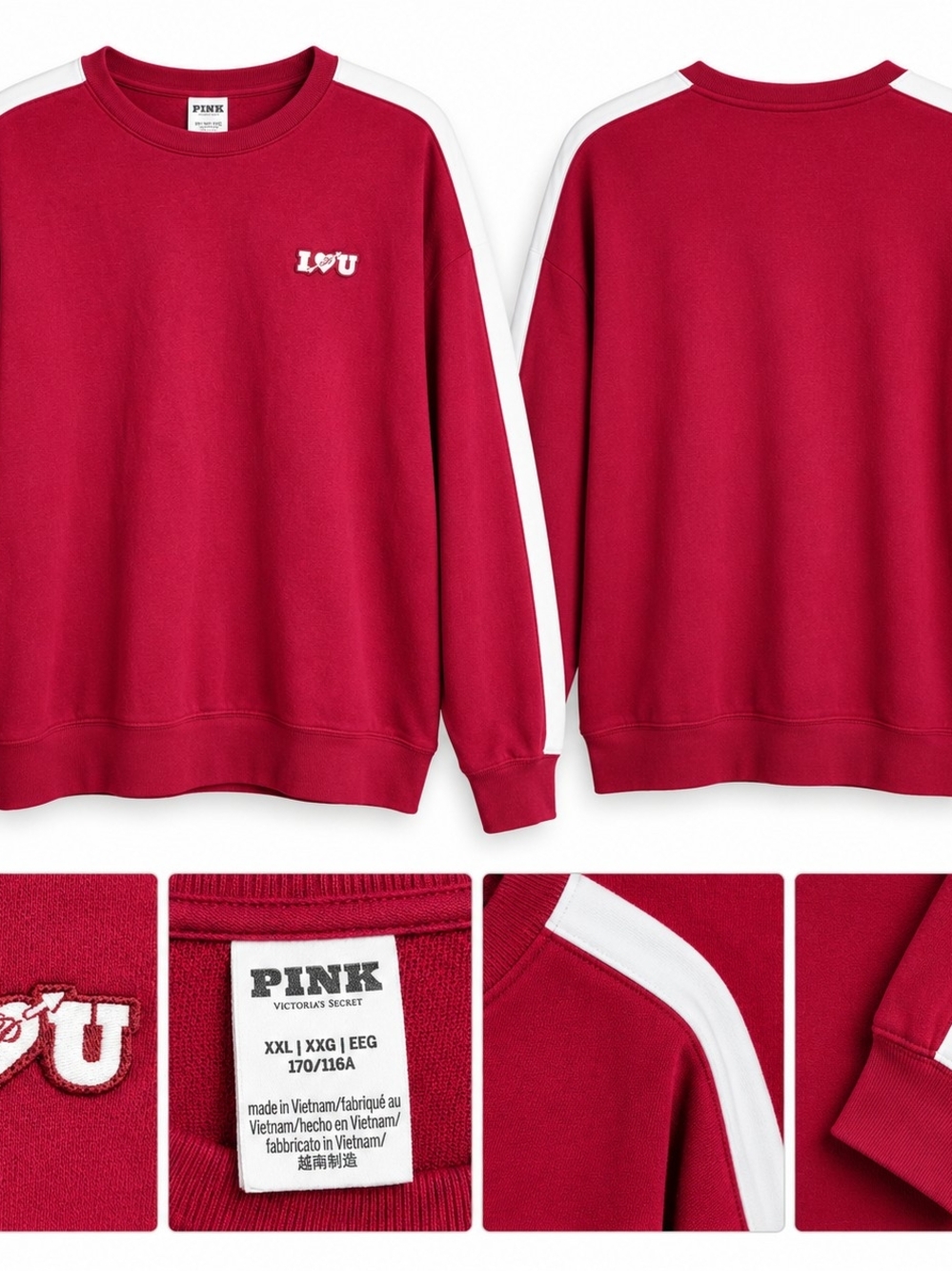 PINK Victoria’s Secret XXL Red White Stripe I Love U Sweatshirt Y2K Varsity Spor